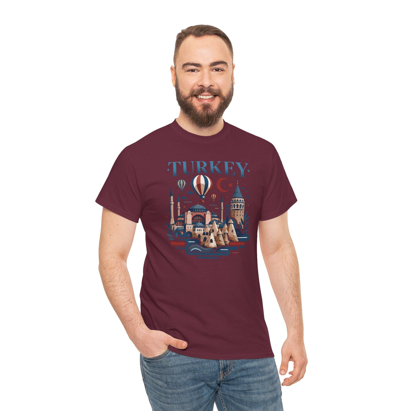Burgundy unisex T-shirt with blue Turkey city illustration on chest