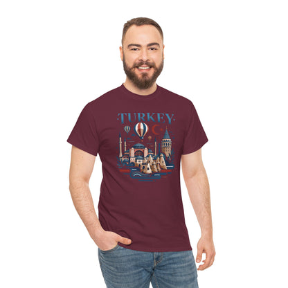 Burgundy unisex T-shirt with blue Turkey city illustration on chest