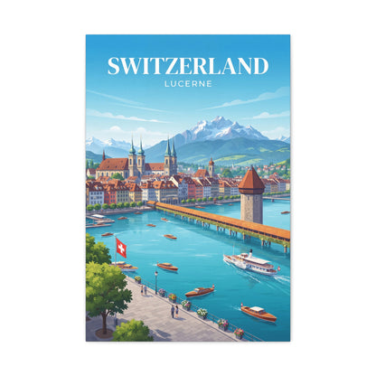 Matte canvas wall art featuring Switzerland Lucerne text above riverside buildings and sailboats