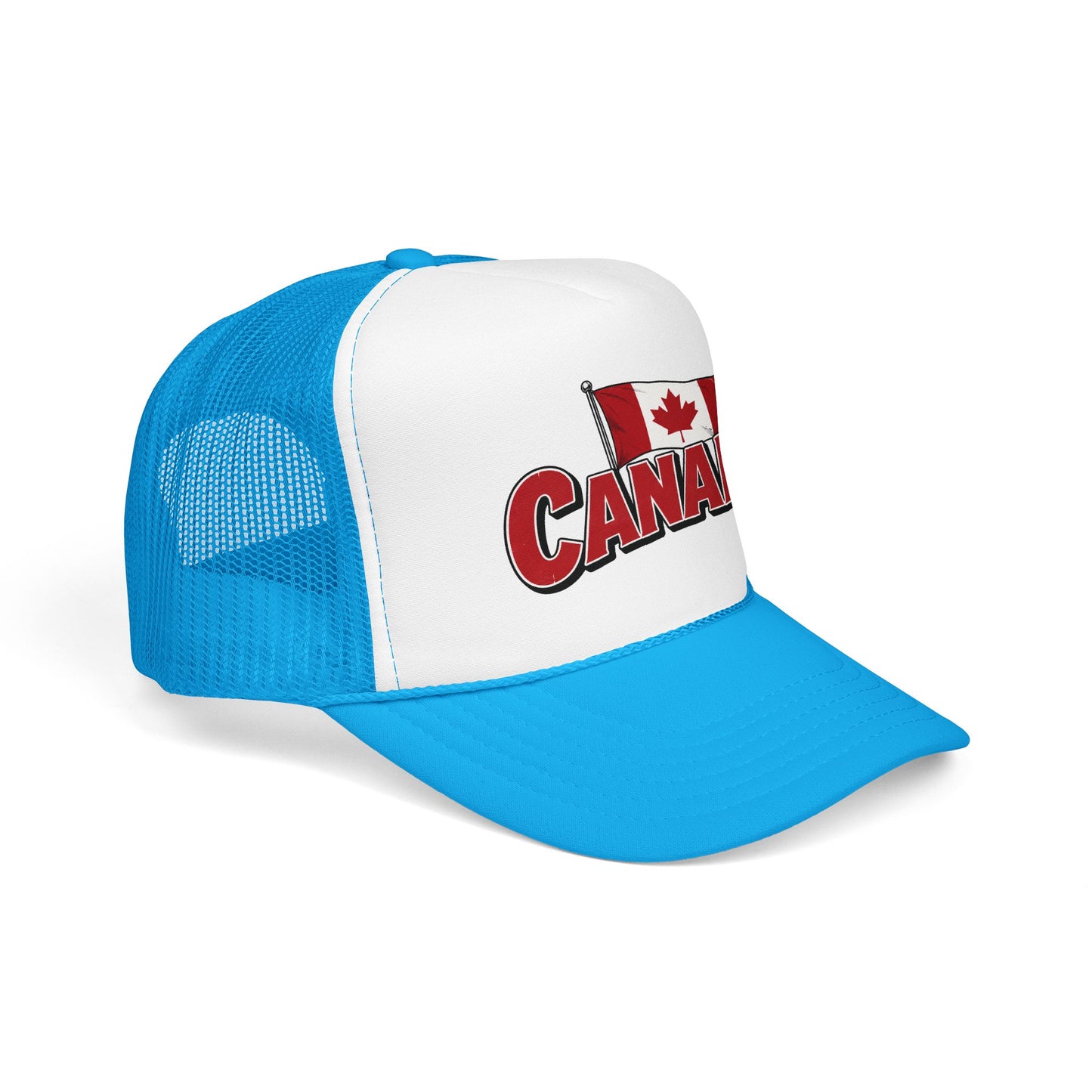 Canada flag trucker hat with blue brim and blue mesh, white front panel, Canada crest logo