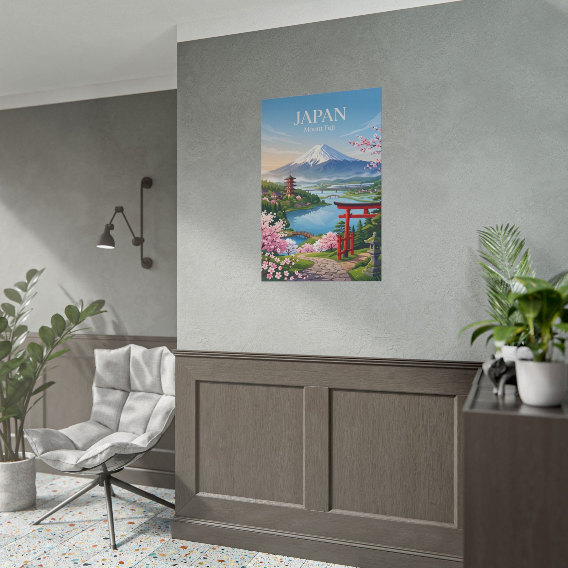 Wall-hung rolled poster showing Mount Fuji with red torii gate and pink cherry blossoms