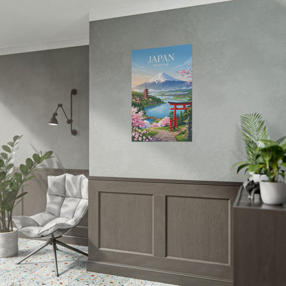 Wall-hung rolled poster showing Mount Fuji with red torii gate and pink cherry blossoms