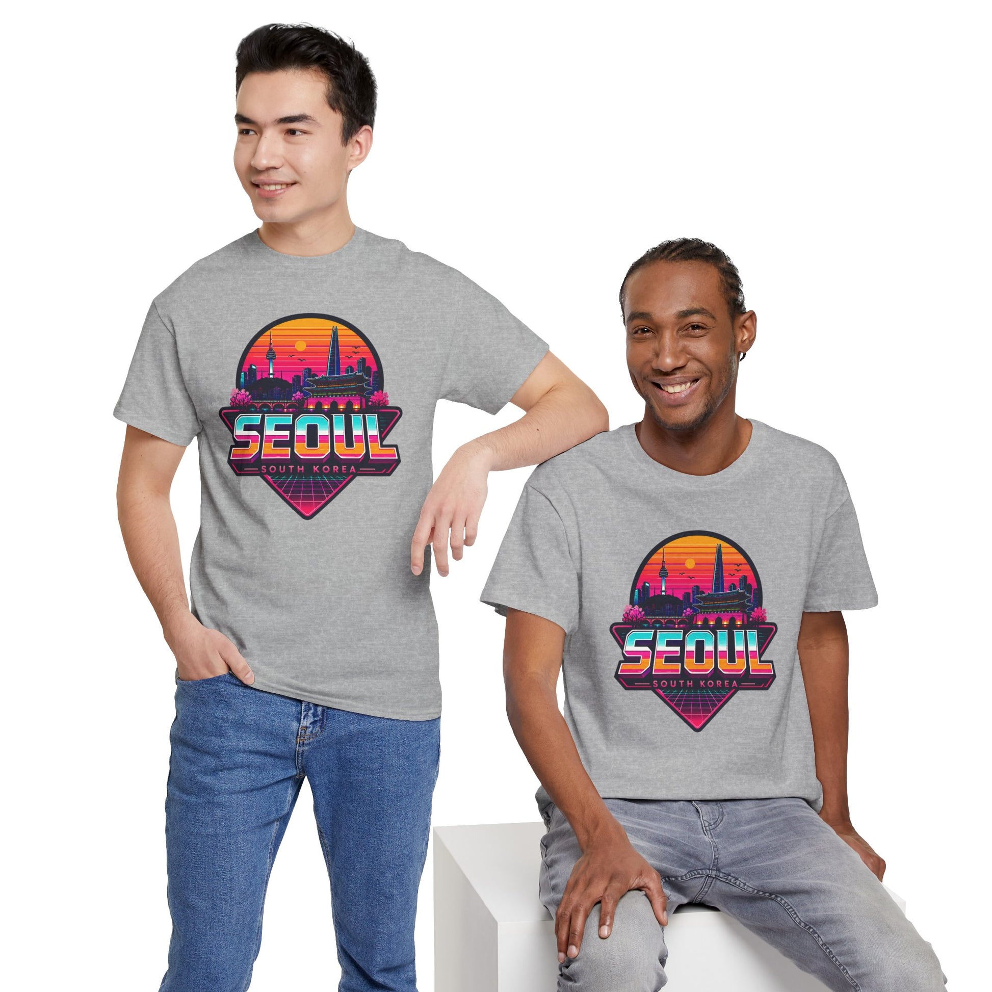 Charcoal gray unisex T-shirt with Seoul city sunset logo graphic, crew neck