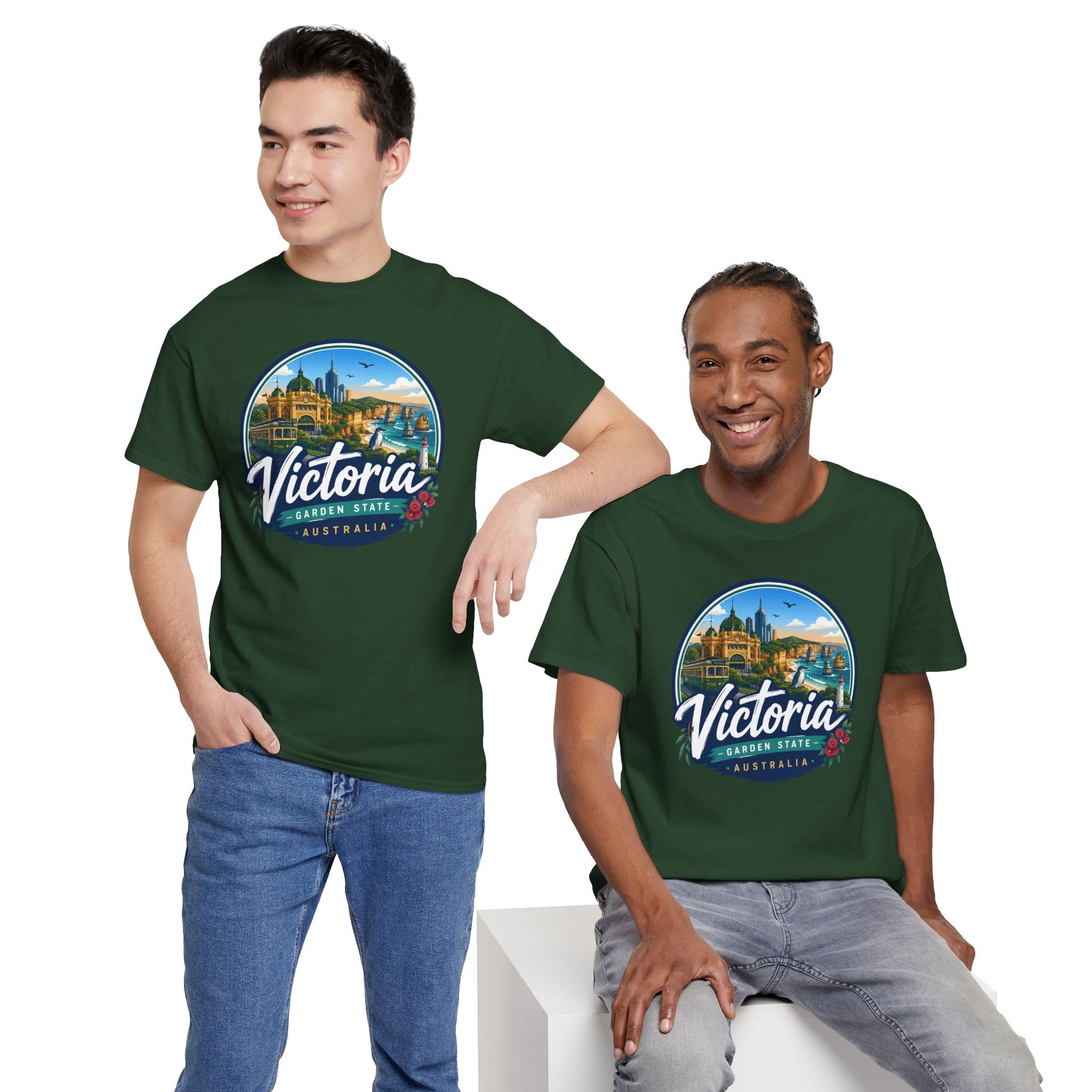 Forest green short-sleeve travel tee with circular front graphic, worn by two people