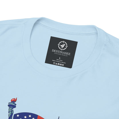 Light blue T-shirt with back neck label and partial design near collar.