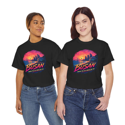 Black crewneck t-shirt with Busan sunset graphic front.