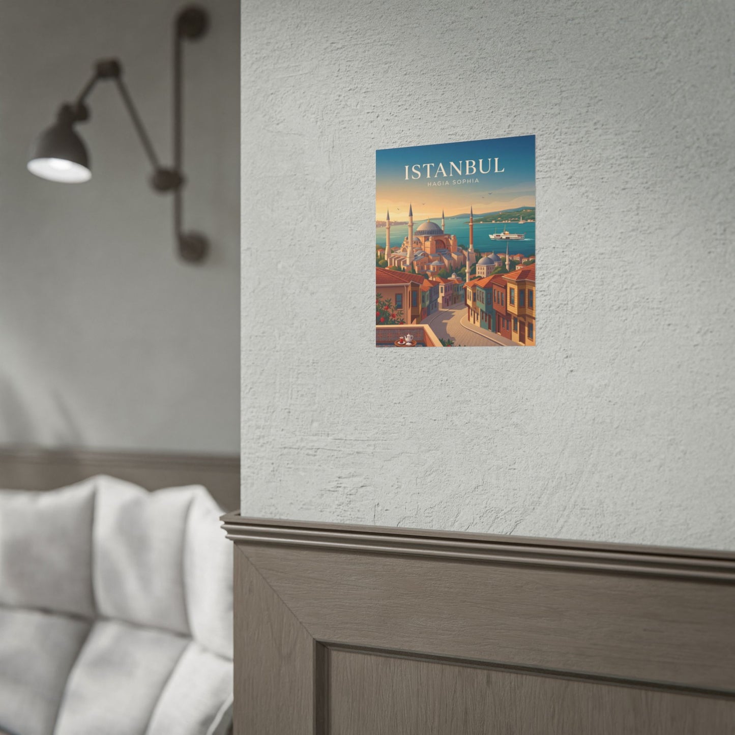 Istanbul Hagia Sophia travel poster mounted on wall above a console