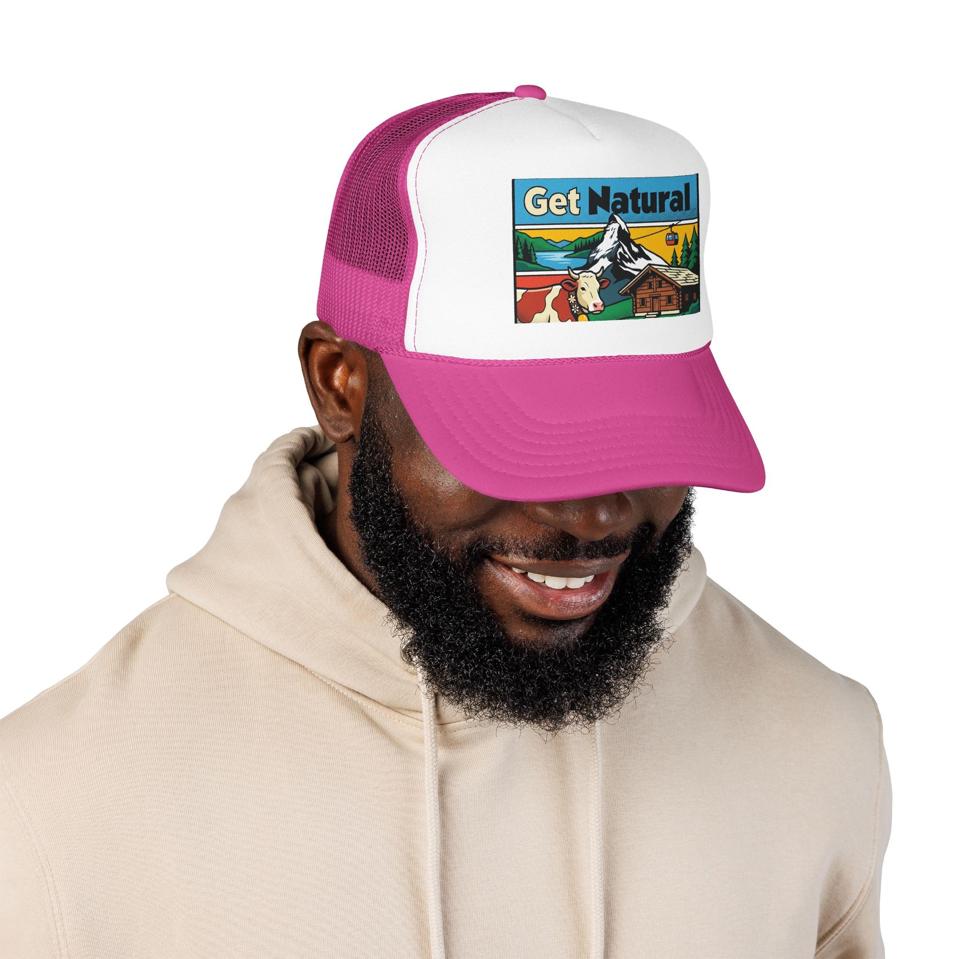 Trucker hat with white crown, pink mesh back, pink curved brim, and Get Natural patch