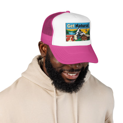 Trucker hat with white crown, pink mesh back, pink curved brim, and Get Natural patch