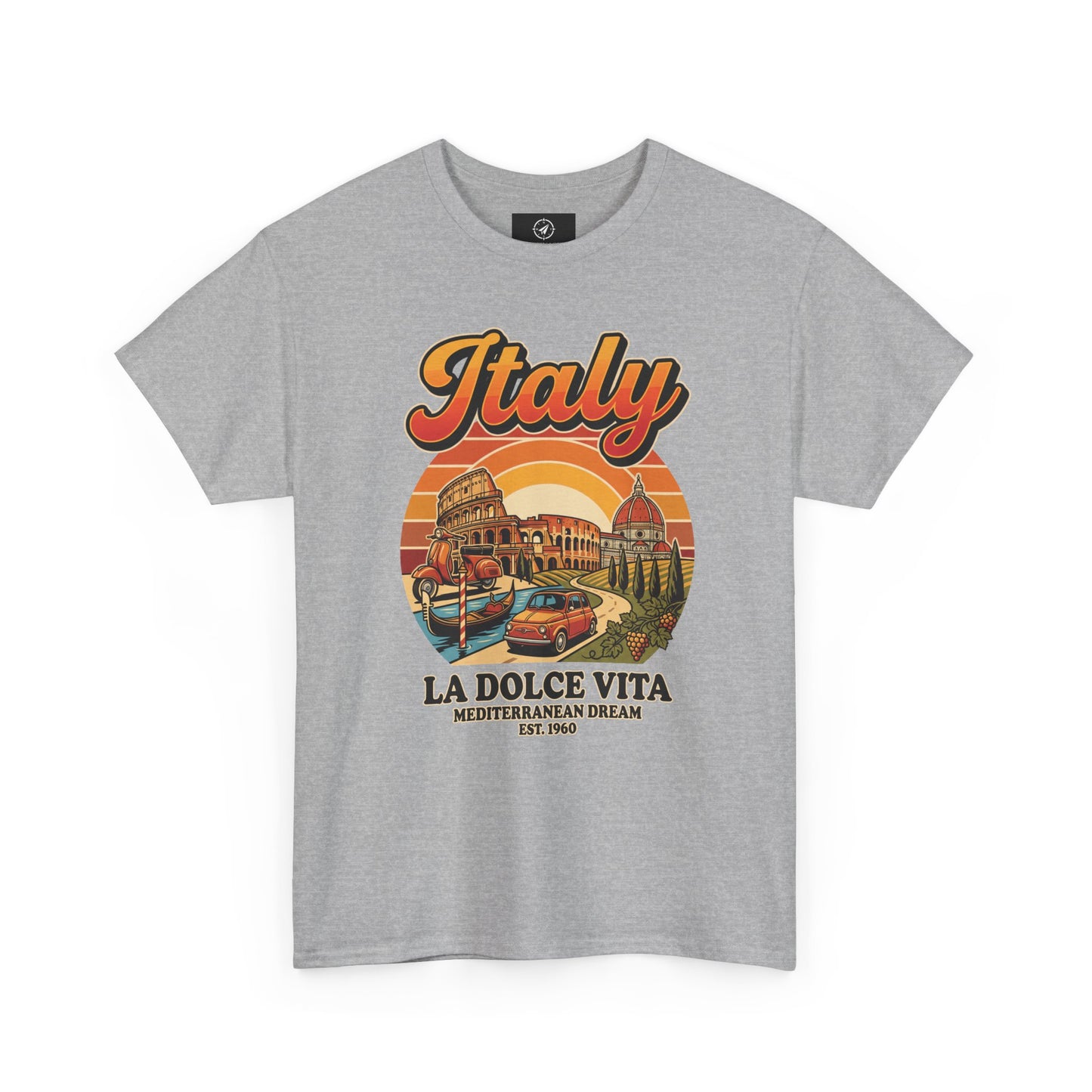 Heather gray vintage T-shirt with “Italy” graphic and “La Dolce Vita” print