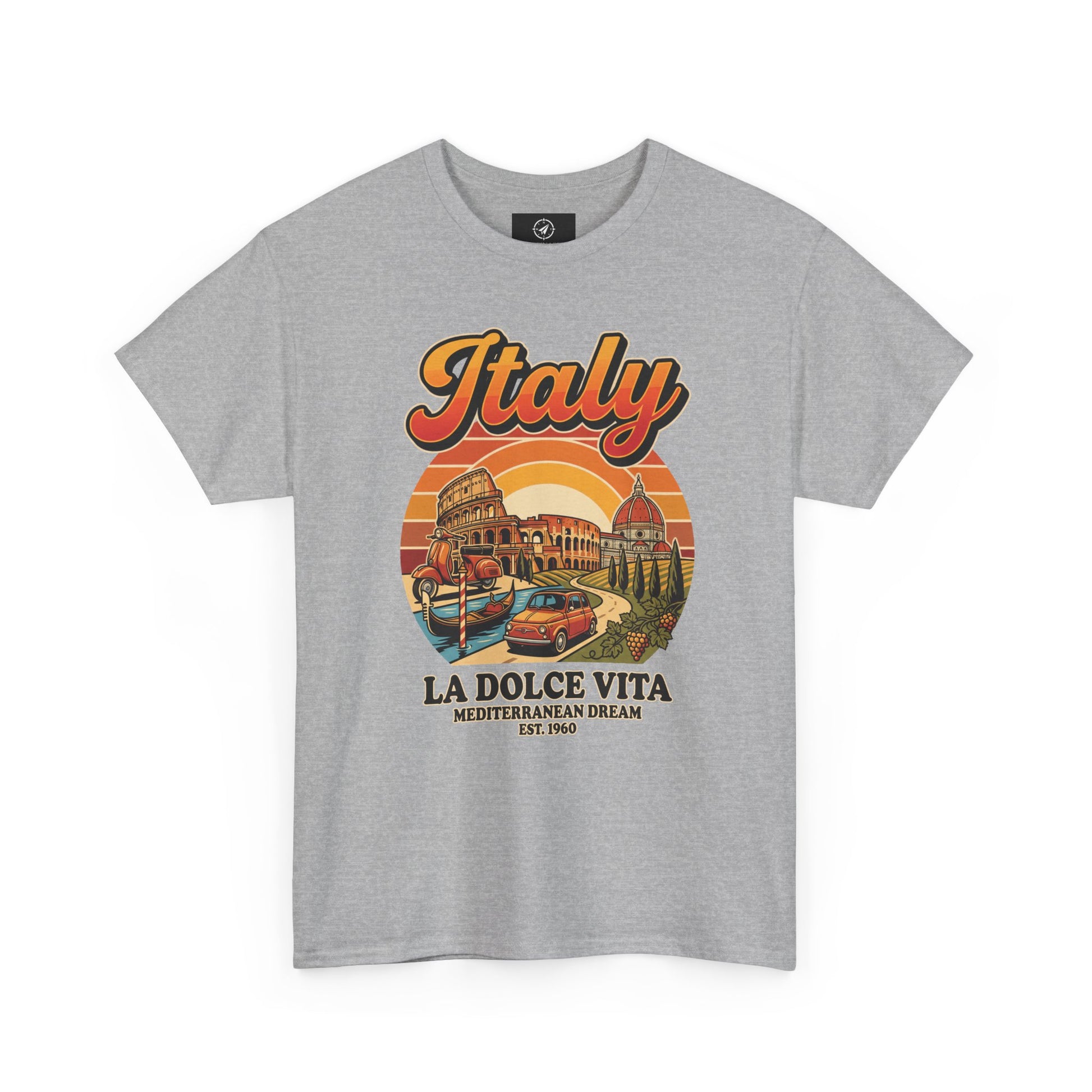 Heather gray vintage T-shirt with “Italy” graphic and “La Dolce Vita” print
