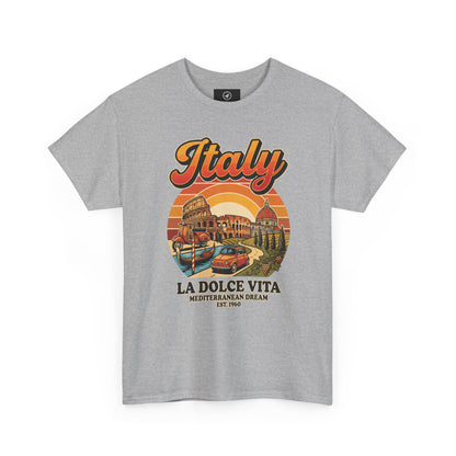 Heather gray vintage T-shirt with “Italy” graphic and “La Dolce Vita” print