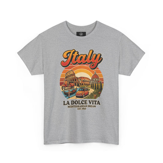Heather gray vintage T-shirt with “Italy” graphic and “La Dolce Vita” print
