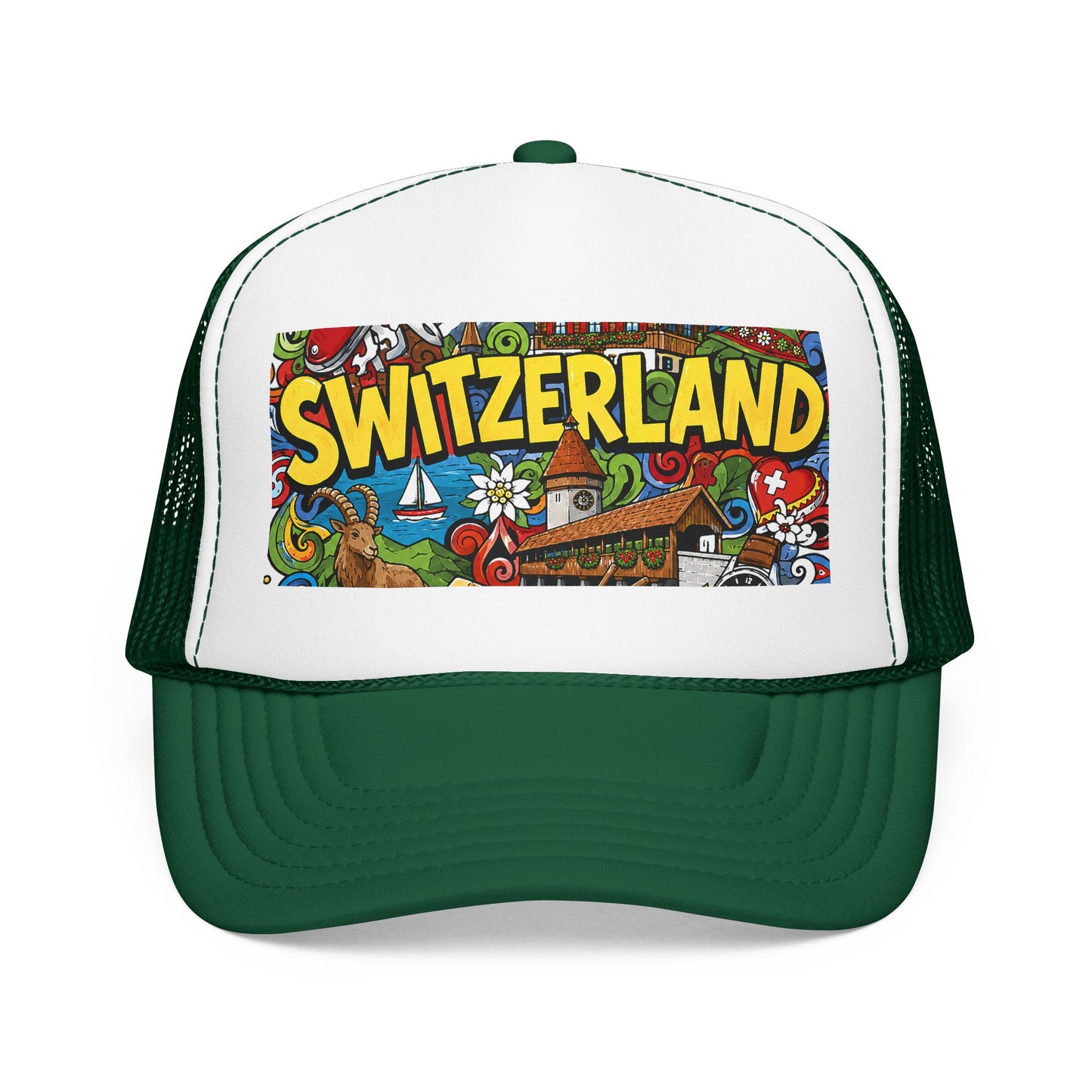 White-and-dark green trucker hat with colorful “SWITZERLAND” doodle graphic front panel.