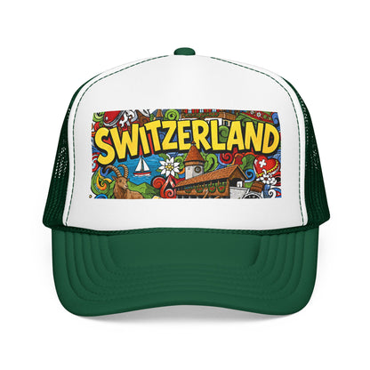 White-and-dark green trucker hat with colorful “SWITZERLAND” doodle graphic front panel.