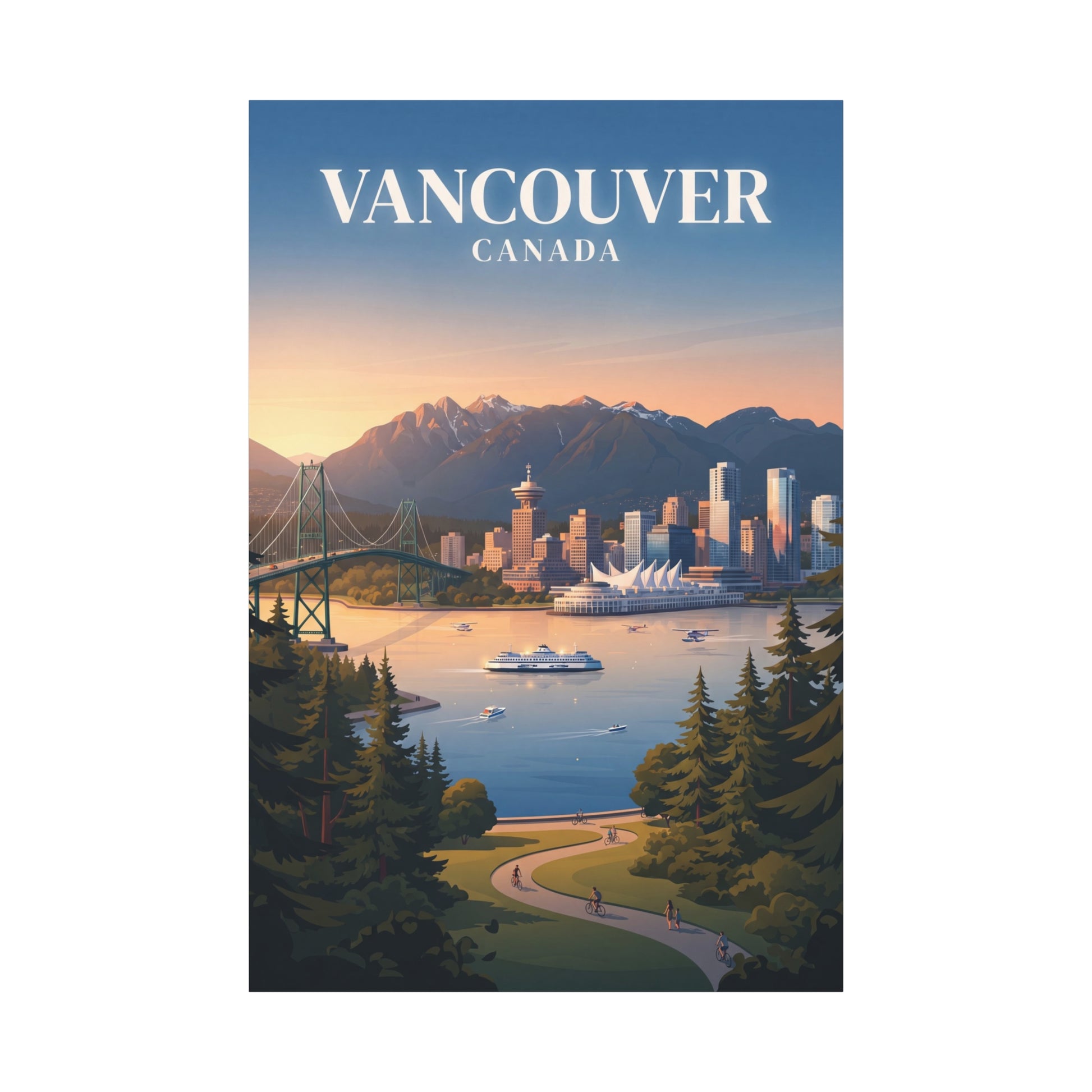 Vertical Vancouver Canada matte canvas wall art with harbor, skyline, and mountain range