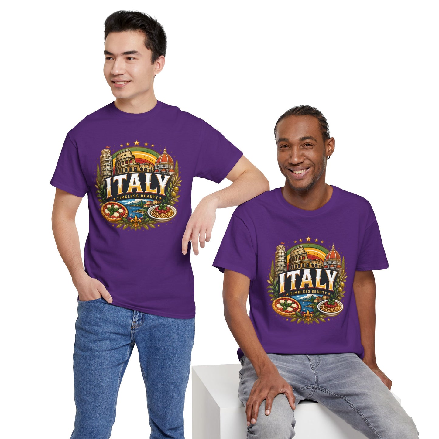 Purple T-shirt with vintage Italy graphic on front and crew neck