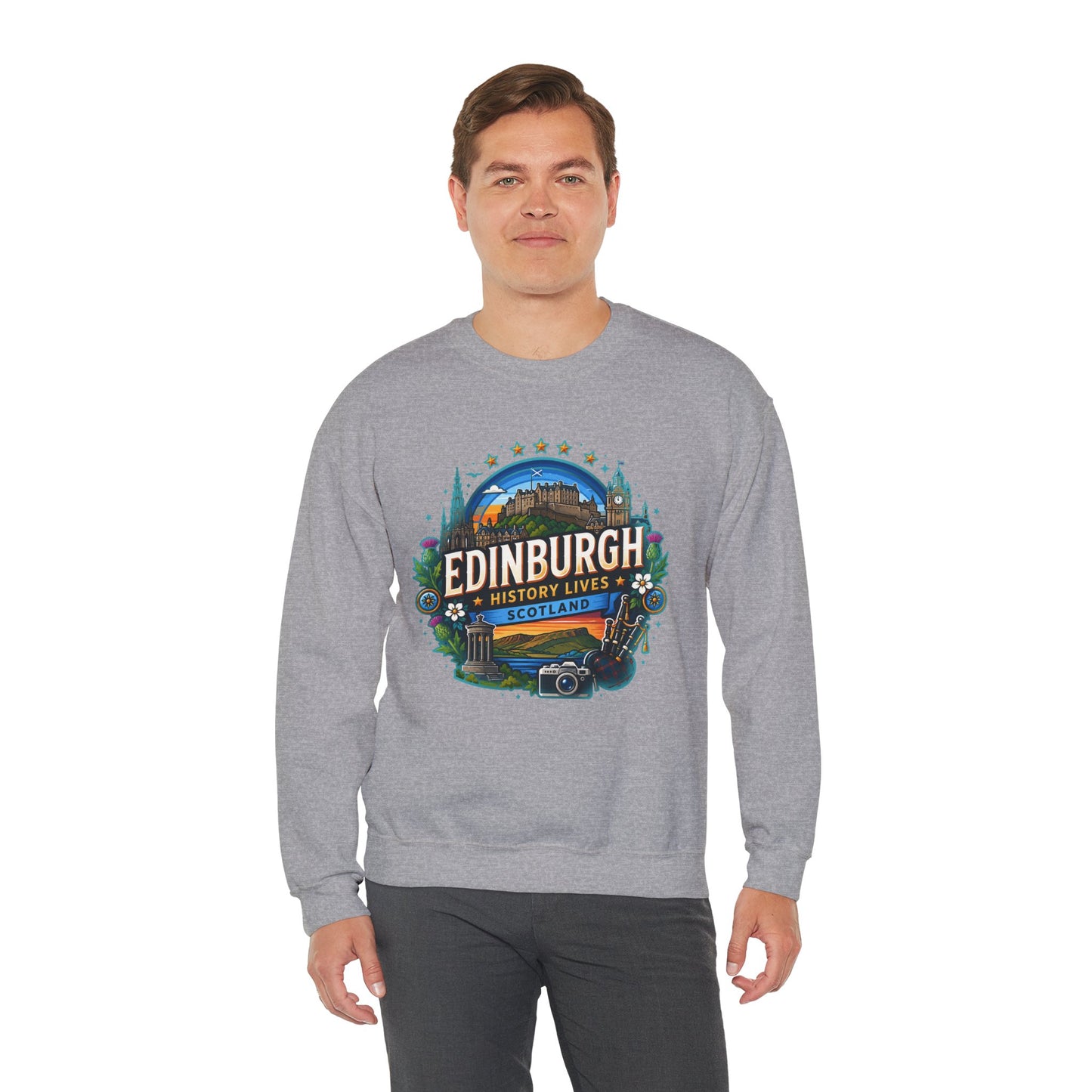Heather grey crewneck sweatshirt with Edinburgh graphic print on the front center