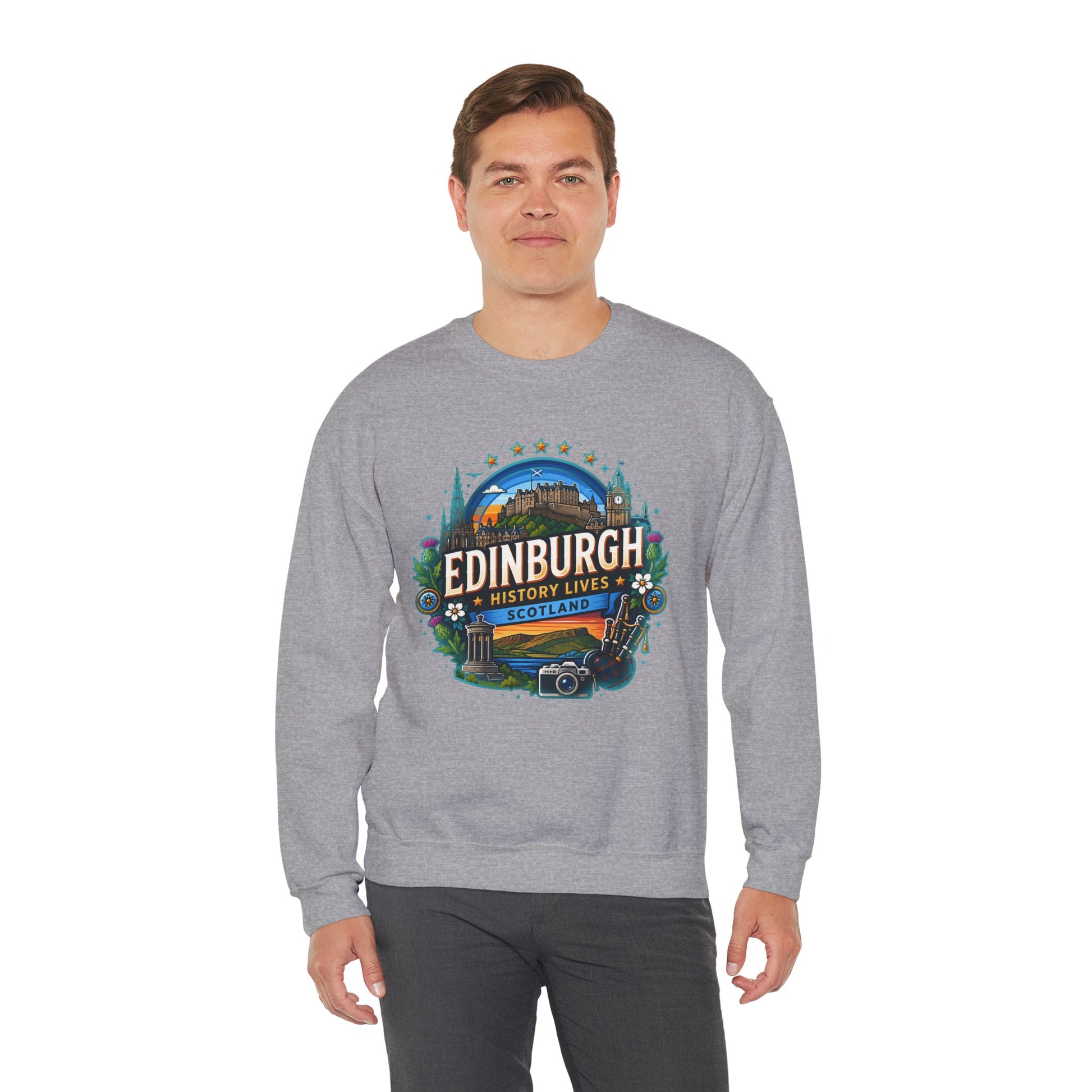 Heather grey crewneck sweatshirt with Edinburgh graphic print on the front center
