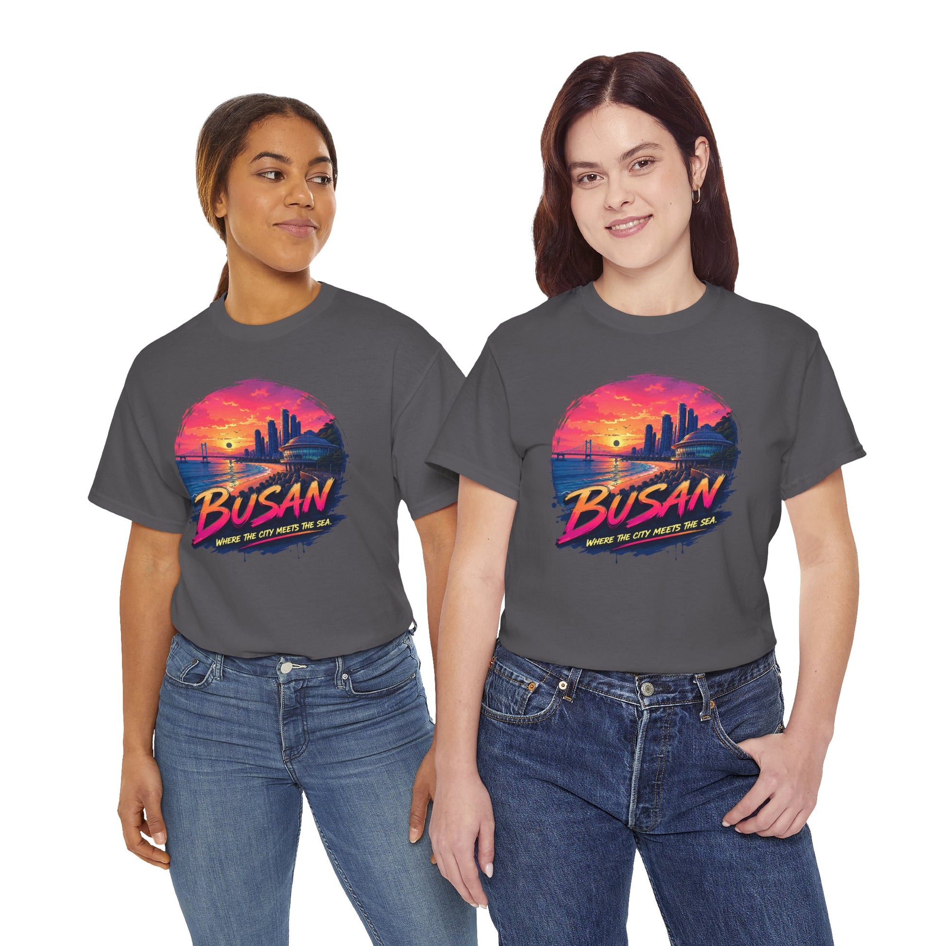Charcoal T-shirt with Busan sunset city graphic on chest