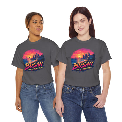 Charcoal T-shirt with Busan sunset city graphic on chest