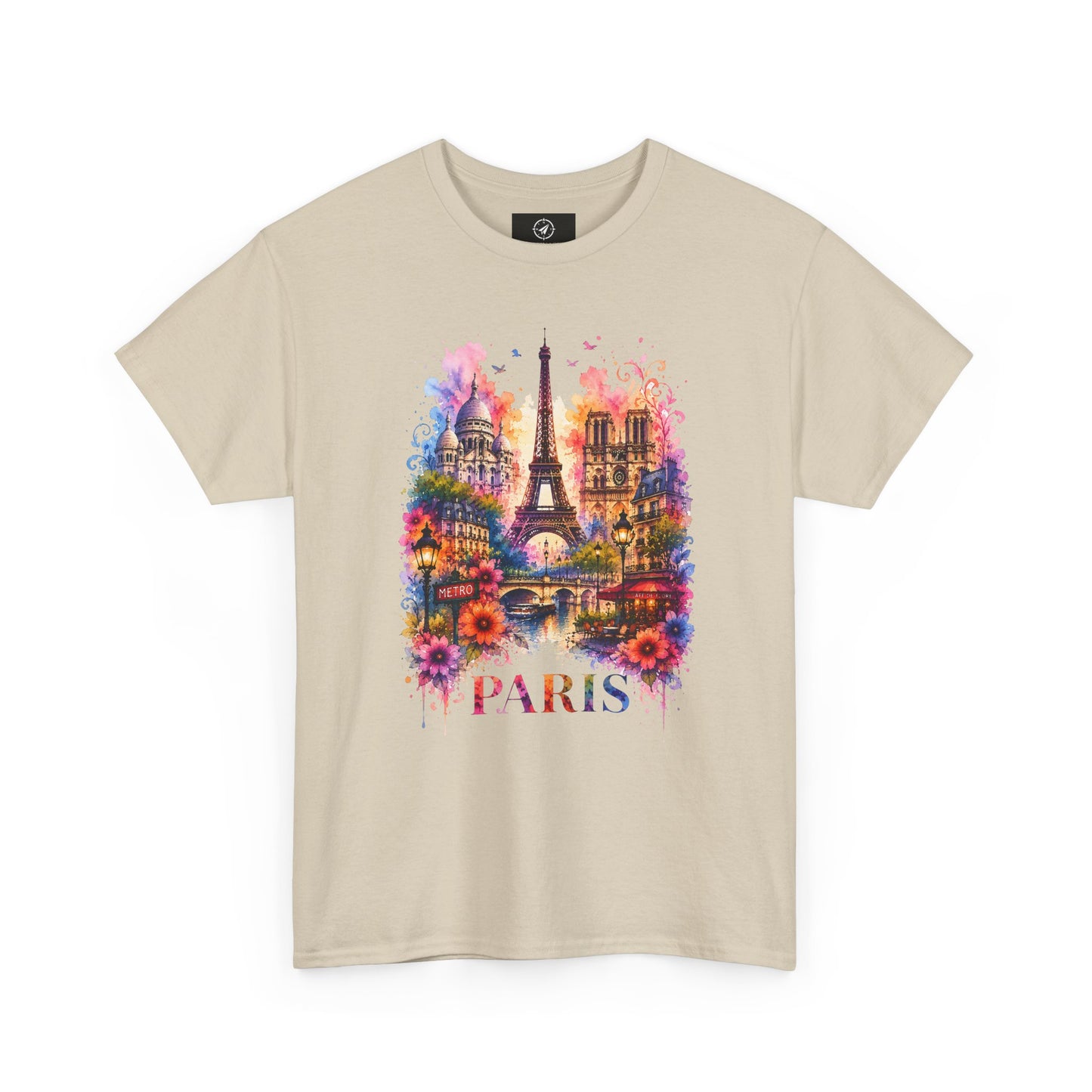 Unisex tan T-shirt with colorful floral Eiffel Tower graphic and “PARIS”
