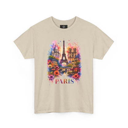 Unisex tan T-shirt with colorful floral Eiffel Tower graphic and “PARIS”