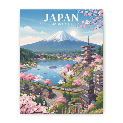 Mount Fuji cherry blossom scenic stretched canvas wall art, train and pagoda view