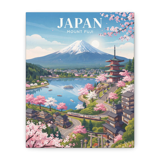 Mount Fuji cherry blossom scenic stretched canvas wall art, train and pagoda view