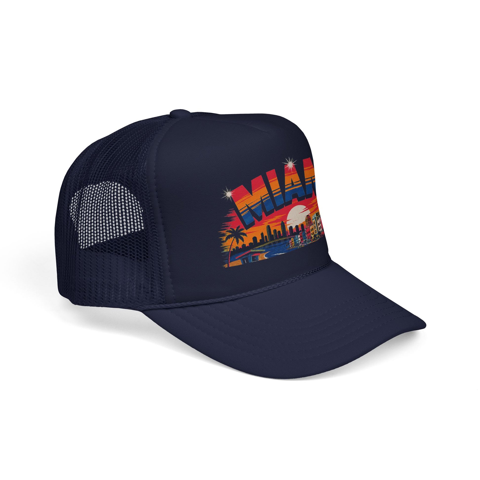 Dark navy mesh back trucker hat with Miami sunset skyline side graphic