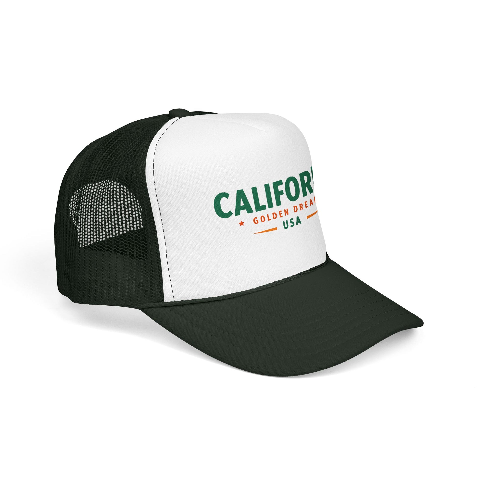Two-tone trucker hat with white front, black mesh sides, and green “California” logo