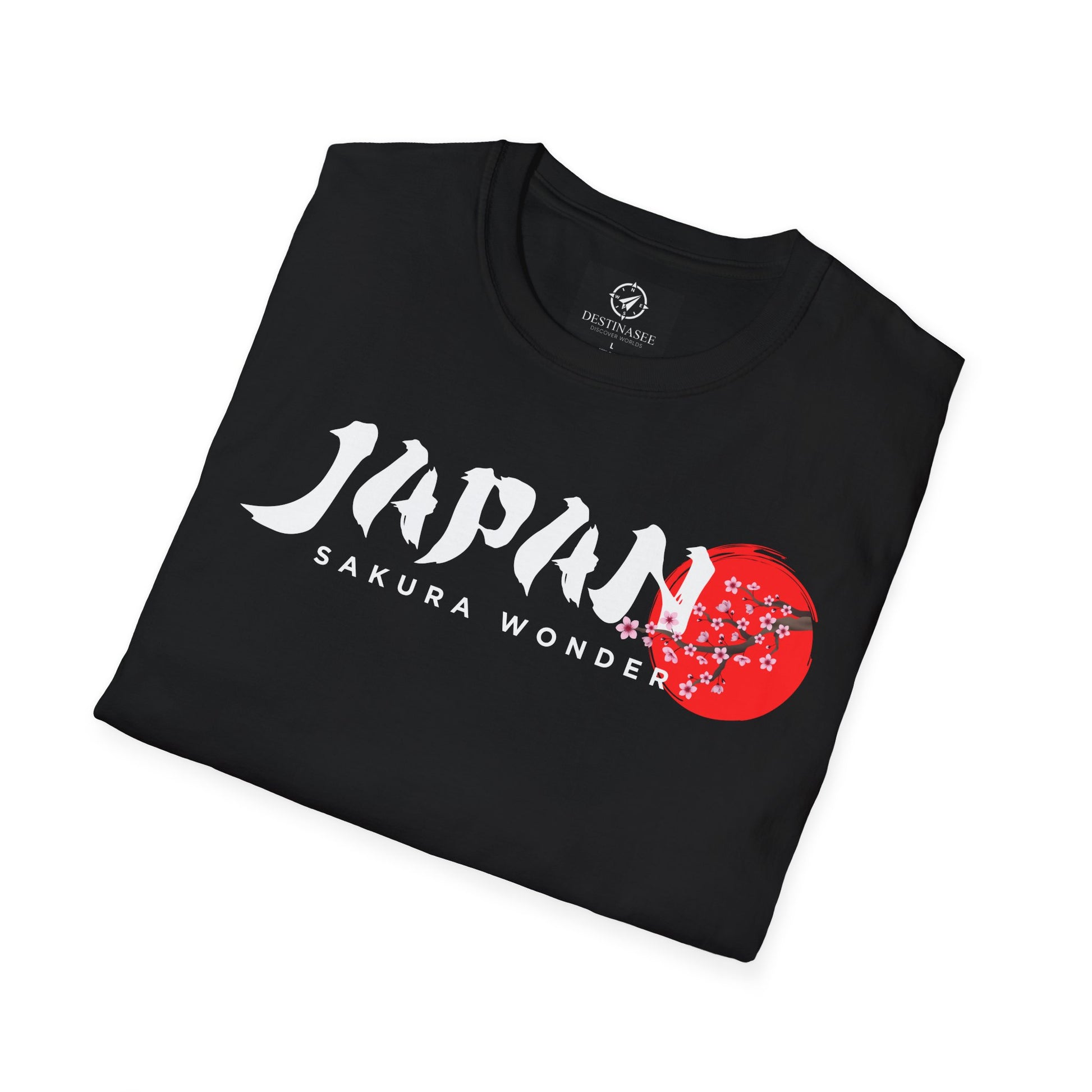 Black T-shirt with “Japan” logo and red cherry blossom graphic, crew neck