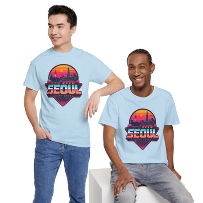 Light blue T-shirt with Seoul sunset city heart graphic, crew neck
