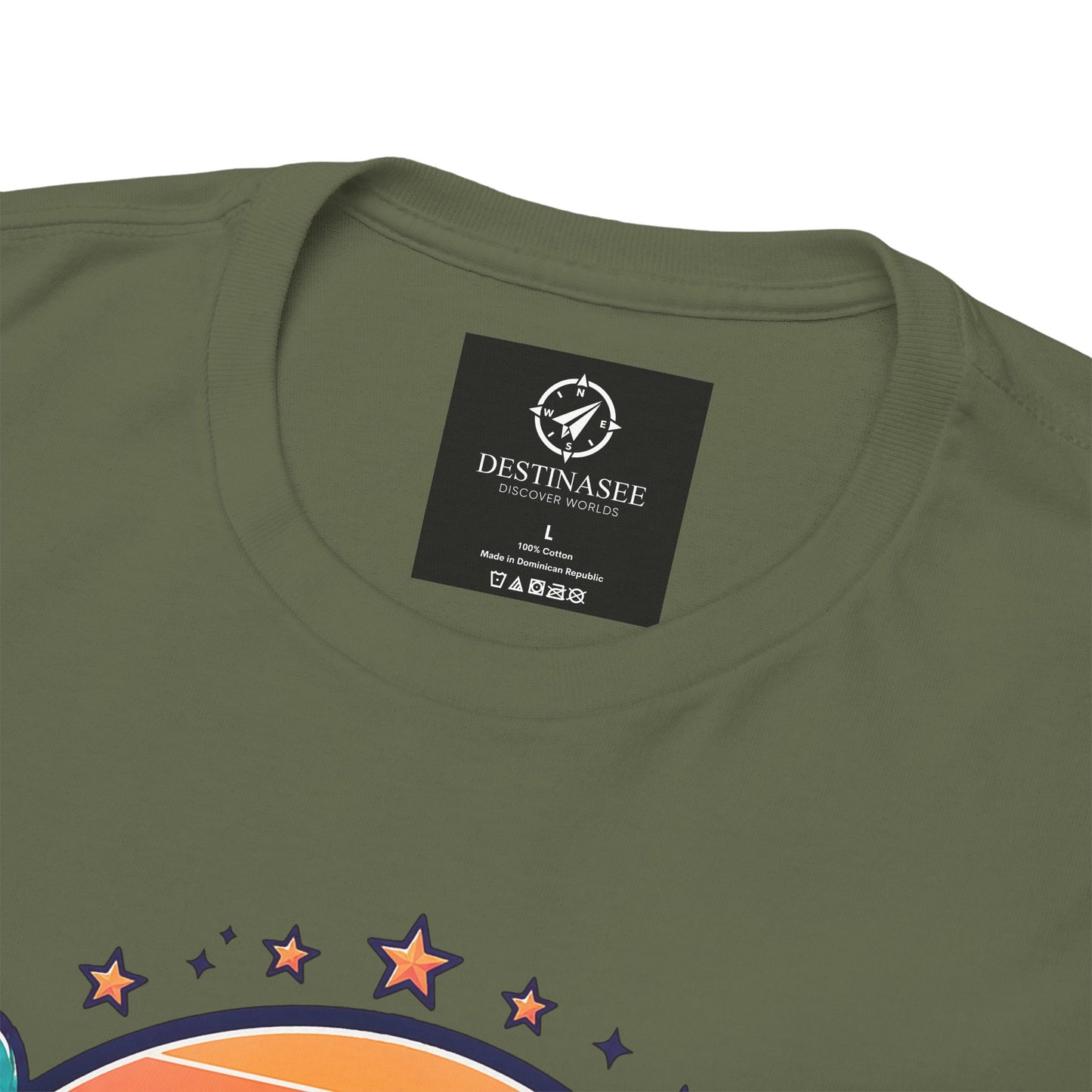 Olive green T-shirt with “Destinasee” neck label and multicolor star sunrise graphic