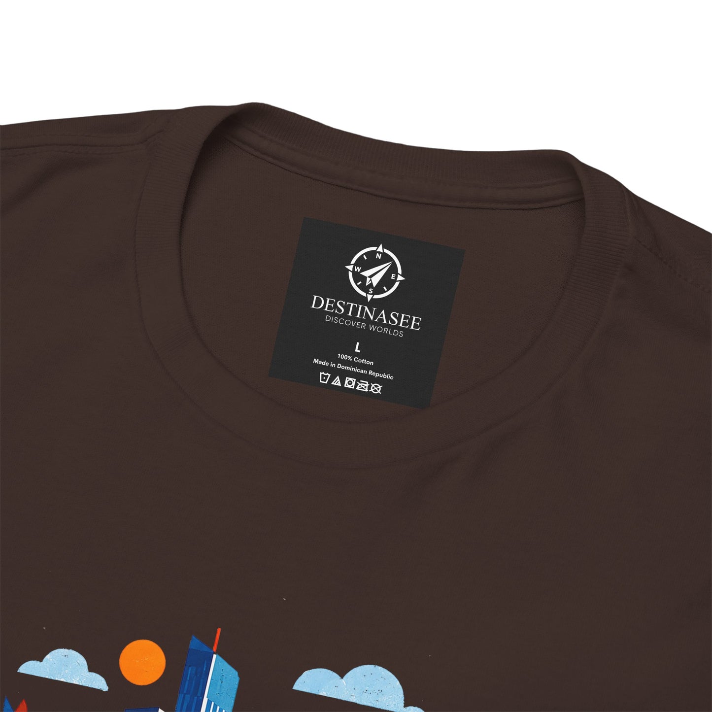 Dark brown crewneck t-shirt with small square logo tag at neckline
