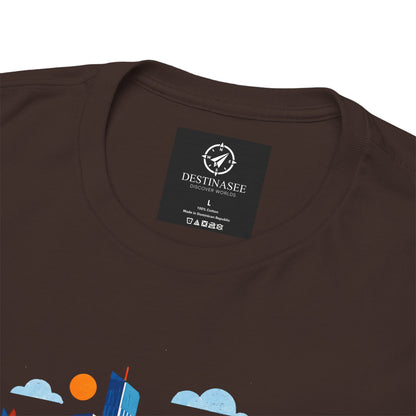 Dark brown crewneck t-shirt with small square logo tag at neckline