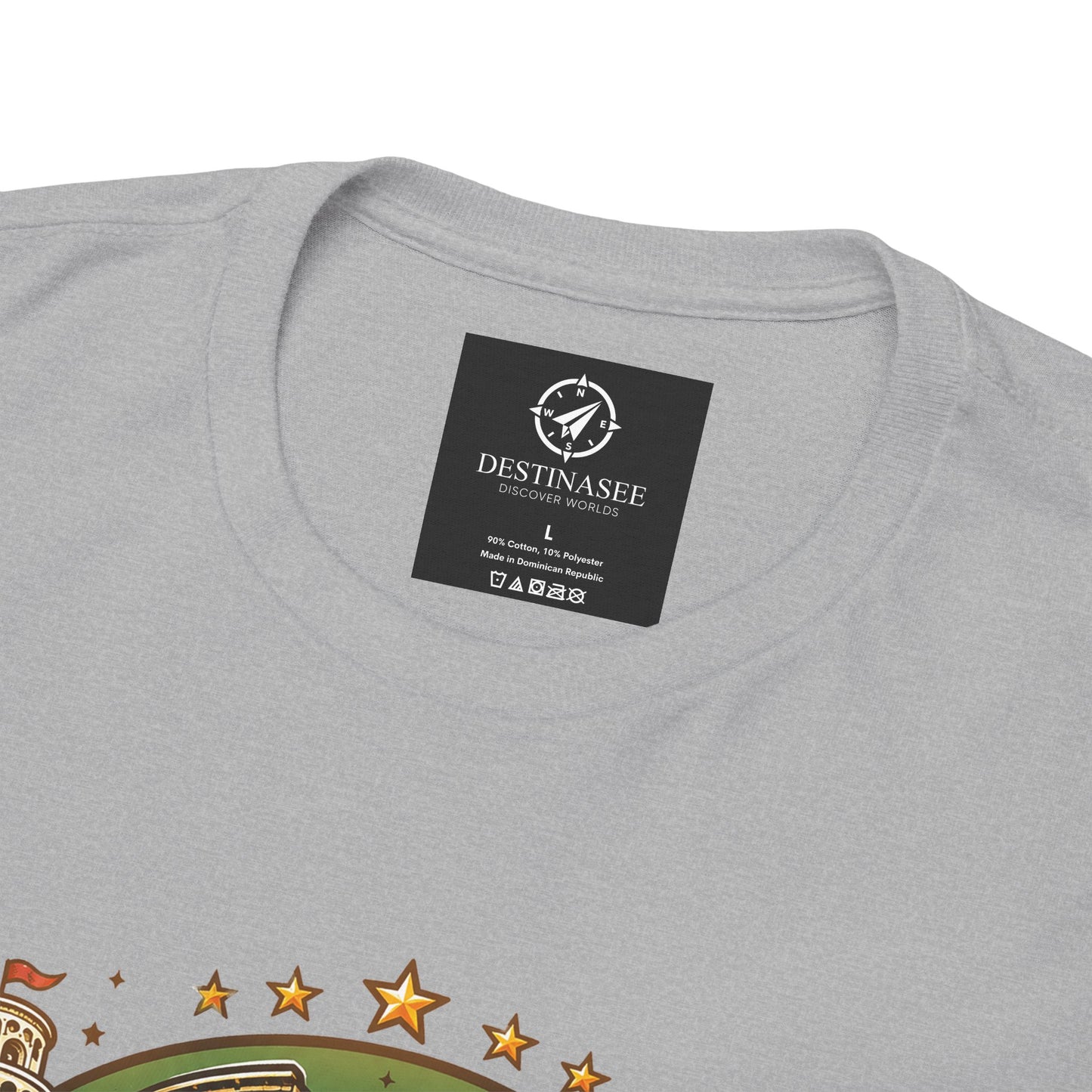 Heather gray crewneck T-shirt back with small logo label and star accents