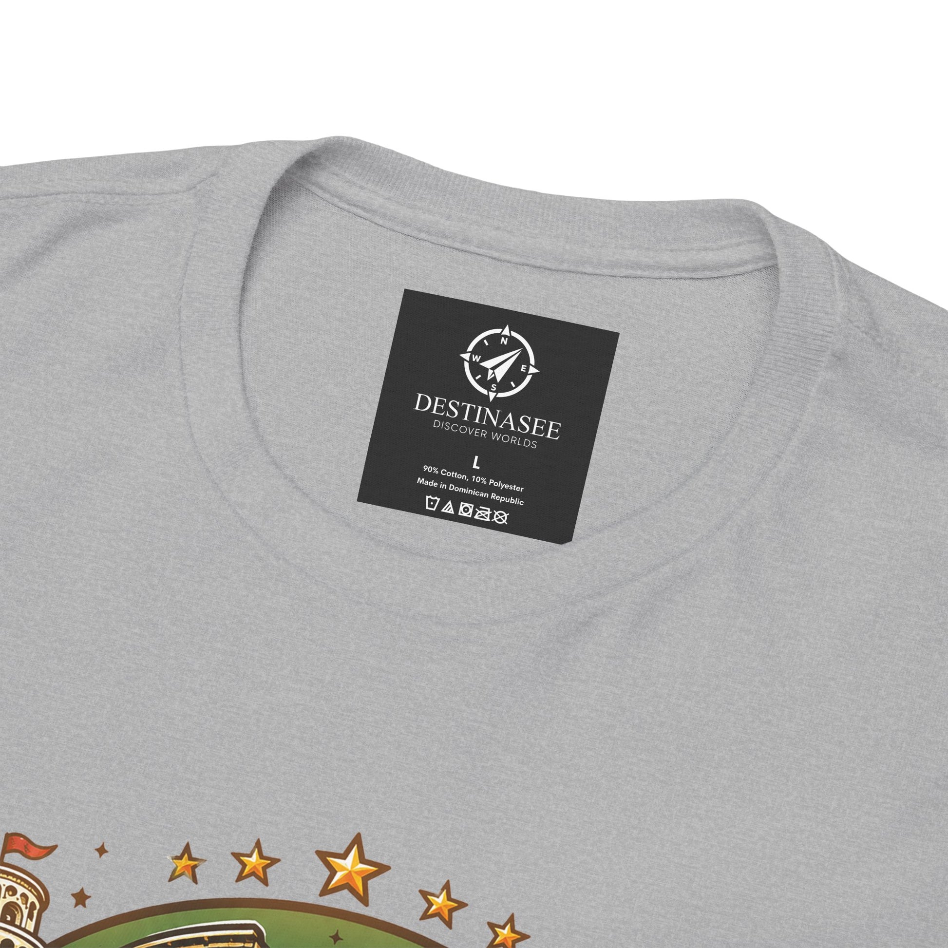 Heather gray crewneck T-shirt back with small logo label and star accents