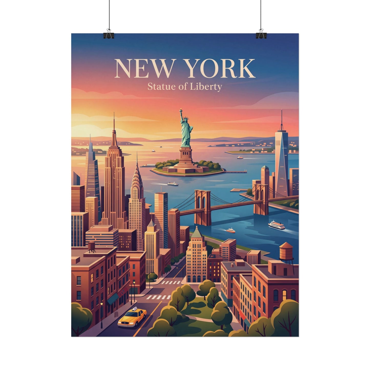 Portrait poster with Statue of Liberty centered over New York skyline at sunset