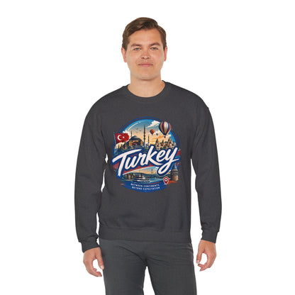 Charcoal crewneck sweatshirt with large Turkey graphic on front, ribbed cuffs.