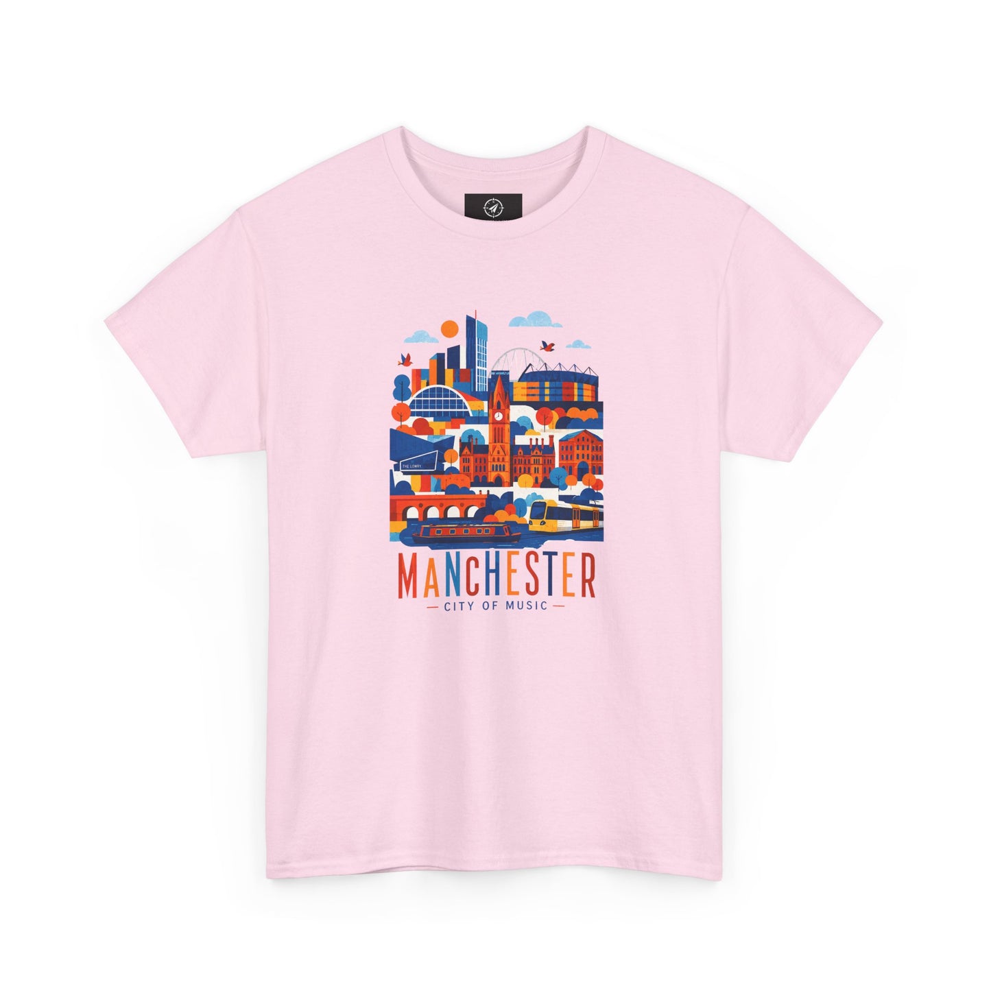 Light pink short-sleeve crewneck T-shirt with Manchester skyline graphic on front
