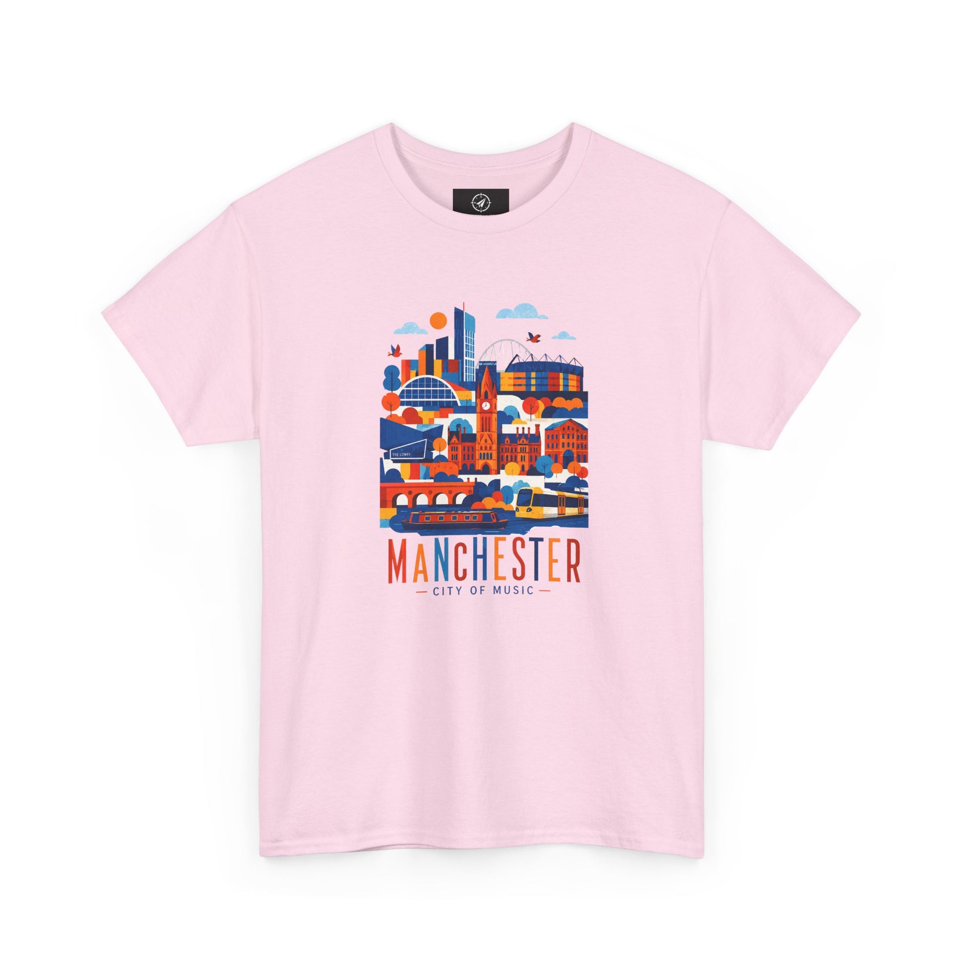 Light pink short-sleeve crewneck T-shirt with Manchester skyline graphic on front
