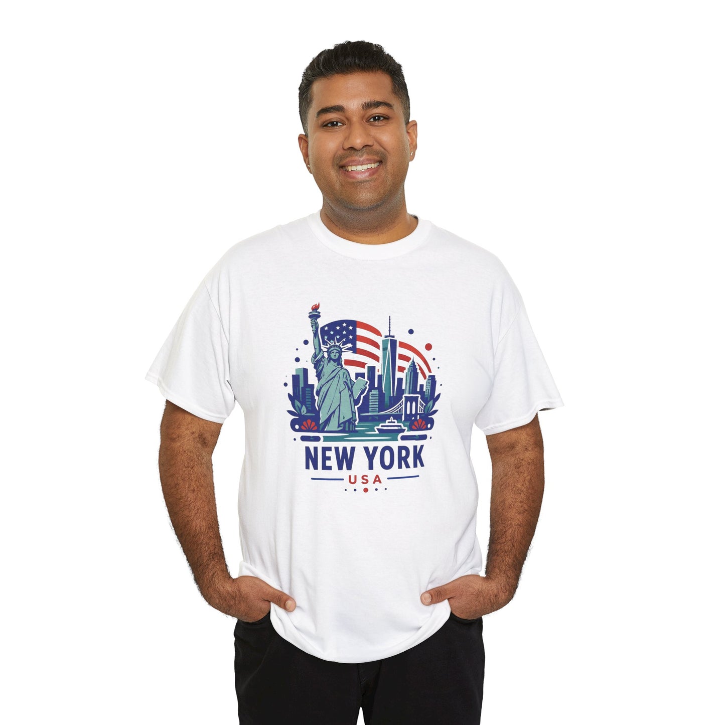 White T-shirt with colorful Statue of Liberty and skyline graphic on front