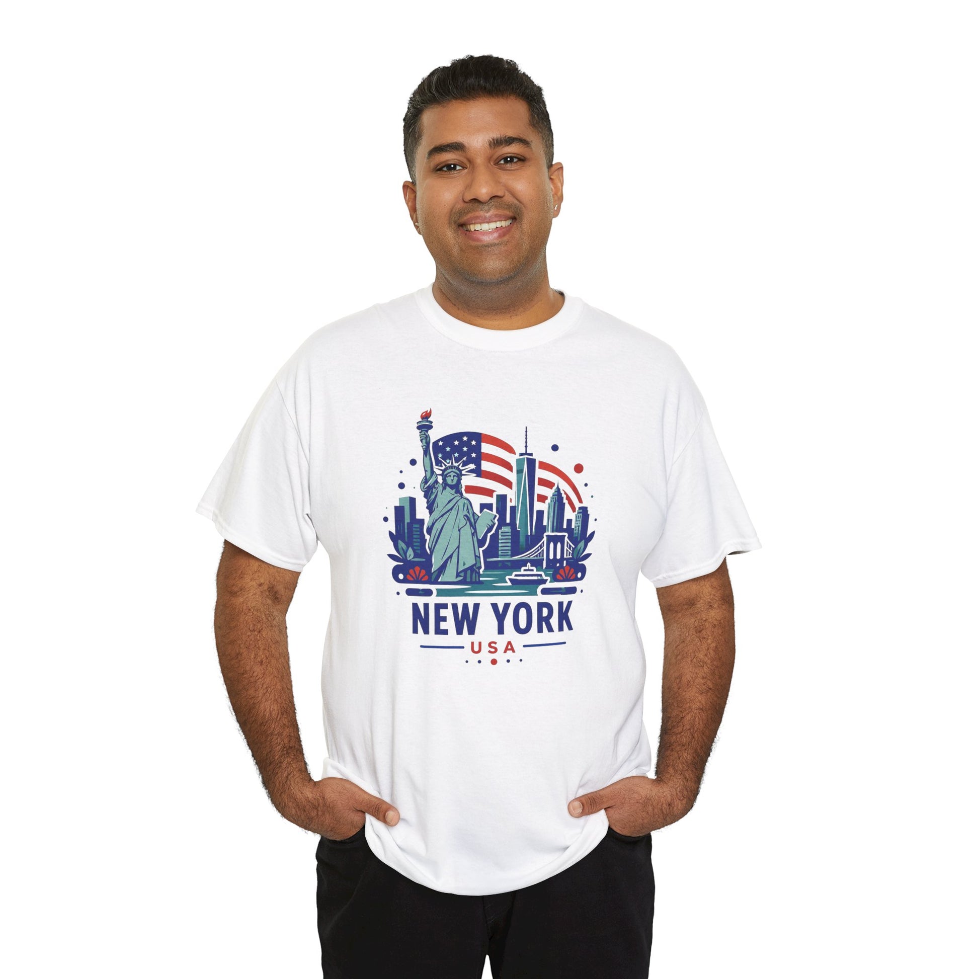 White T-shirt with colorful Statue of Liberty and skyline graphic on front