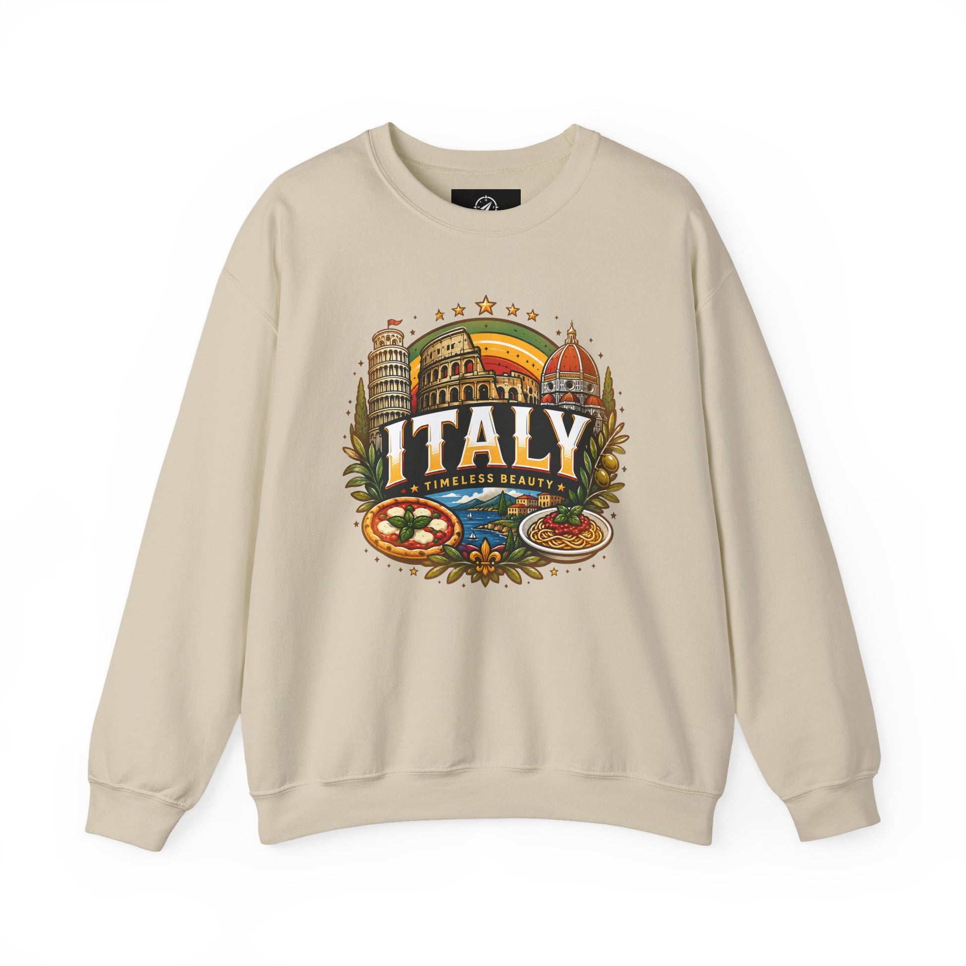 Sand crewneck sweatshirt with colorful Italy graphic on the front.