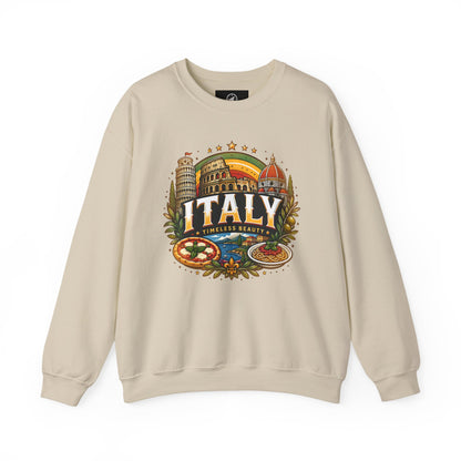 Sand crewneck sweatshirt with colorful Italy graphic on the front.
