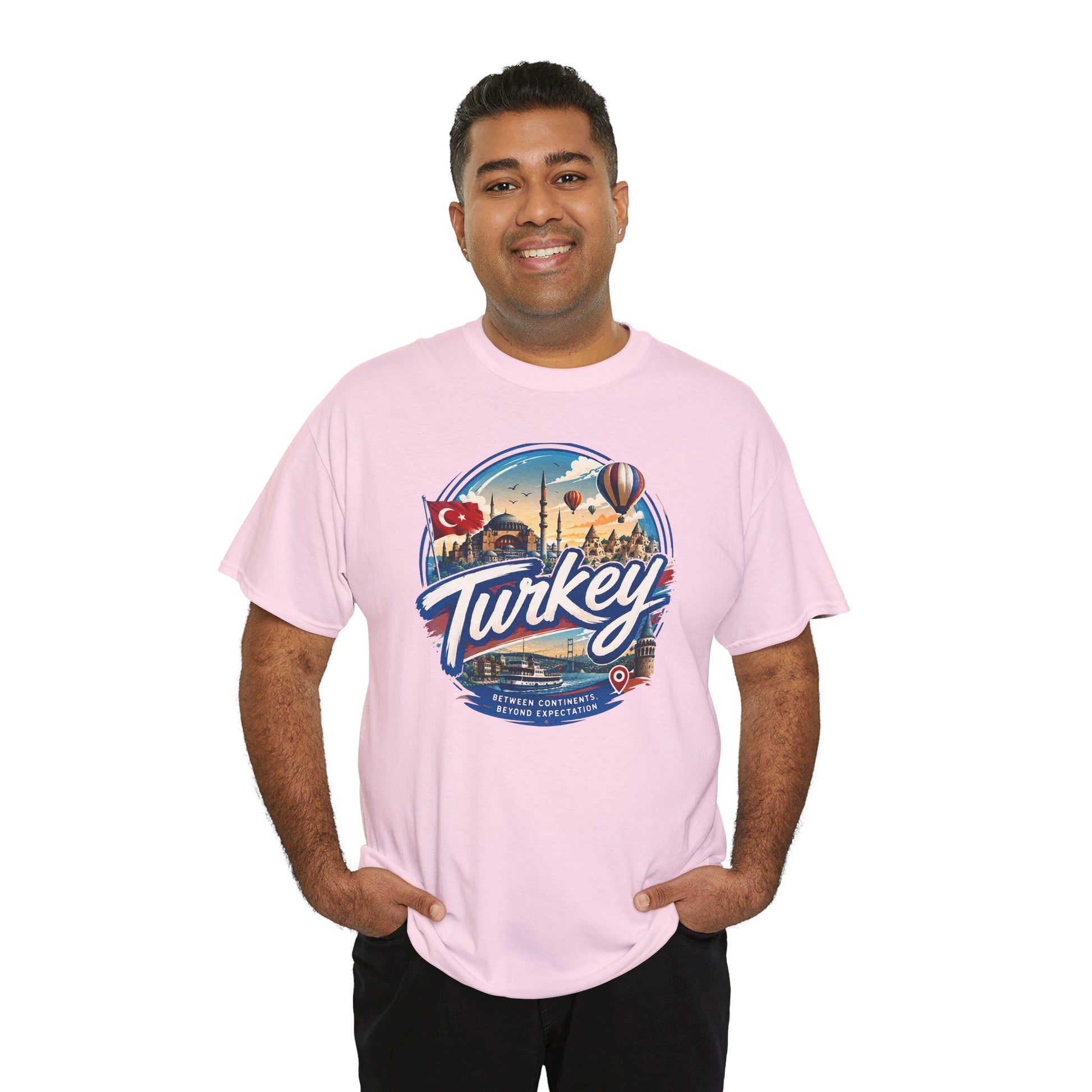 Light pink crewneck T-shirt with circular Turkey graphic, front worn by man