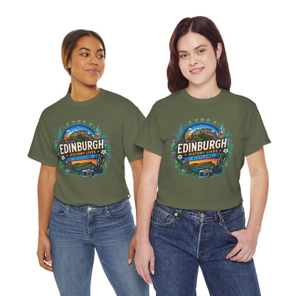Forest green crew-neck T-shirt with colorful "Edinburgh" front graphic