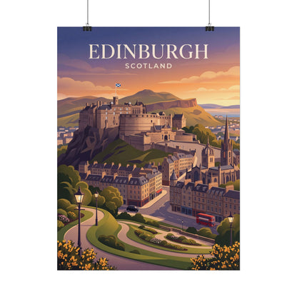 Vertical Edinburgh Scotland poster with illustrated cityscape, castle tower, and sunset