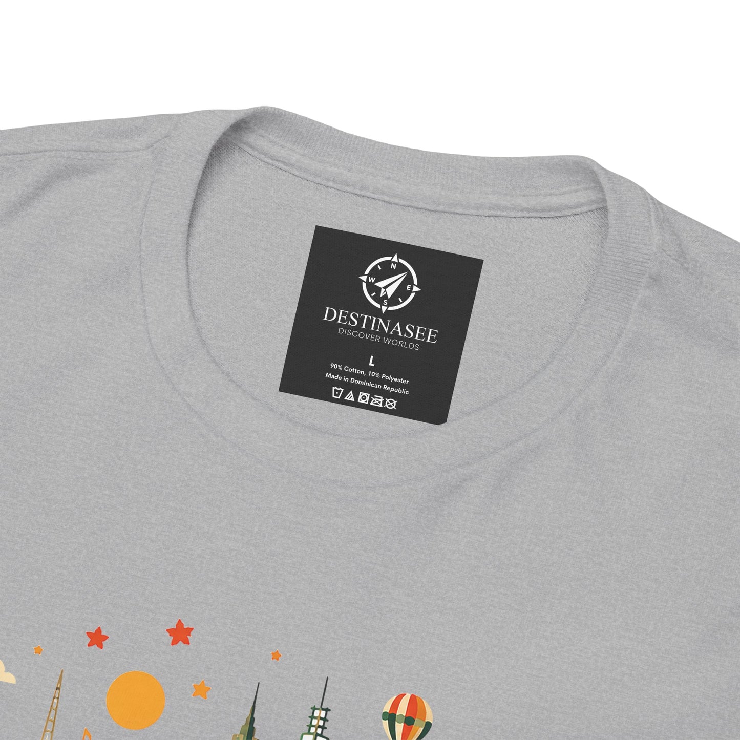 Heather gray T-shirt back neck shows a black square logo patch